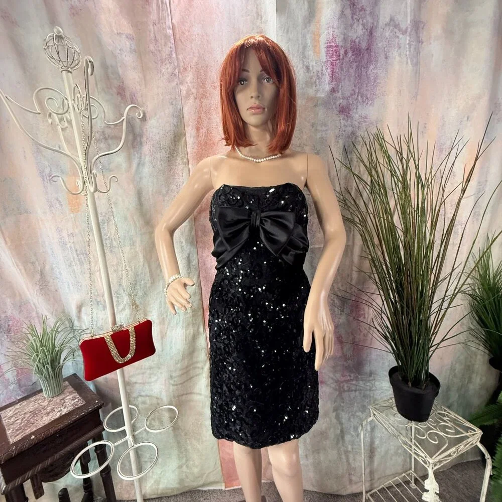 VTG📌 Mike Benet 90s Strapless Sequin Cocktail - Formal Mini Dress with Bow - Picture 9 of 16